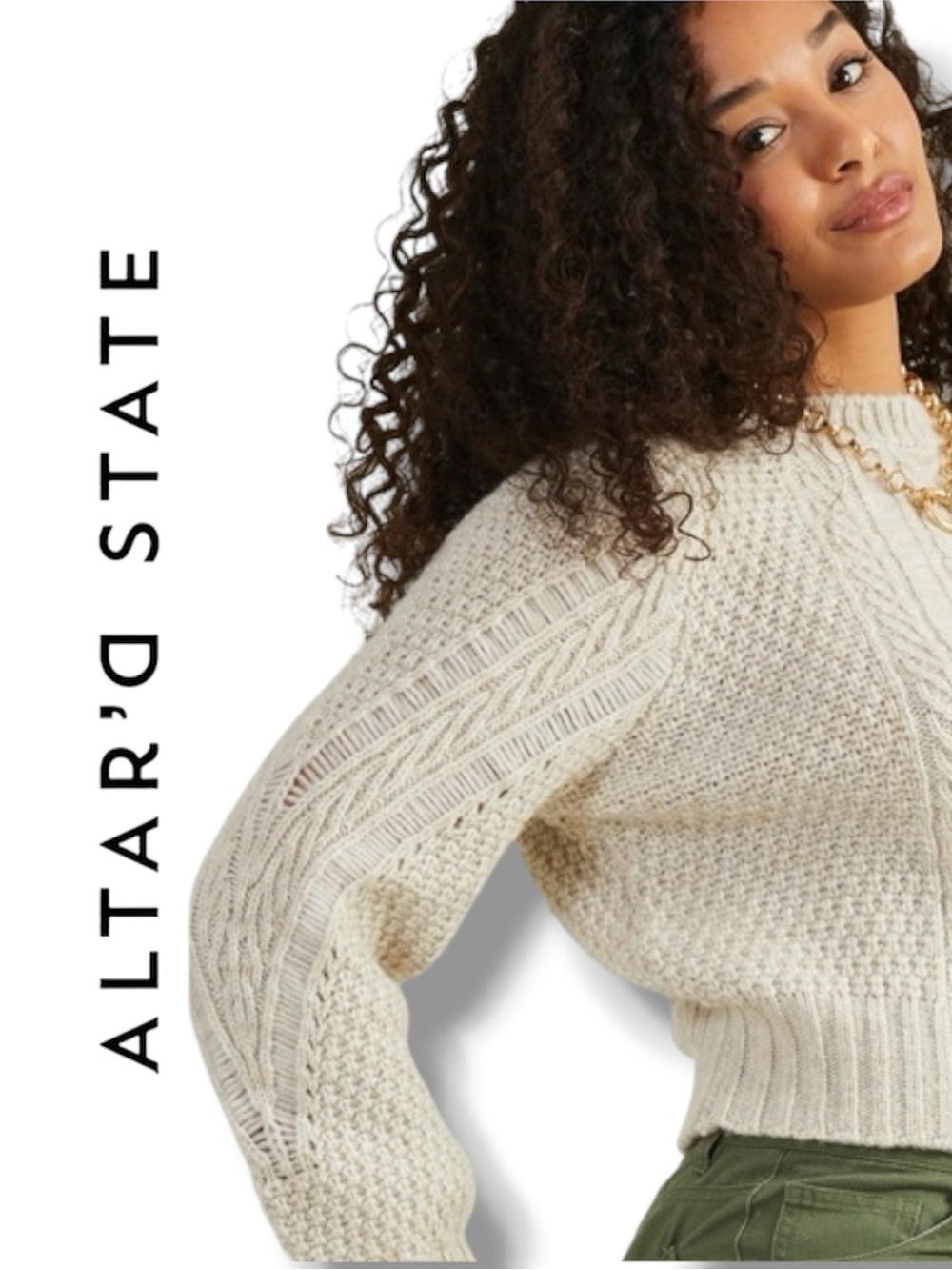 Arden Cream Cable Knit Sweater Crew Neck Wool Blend Preppy Cabincore Fisherman